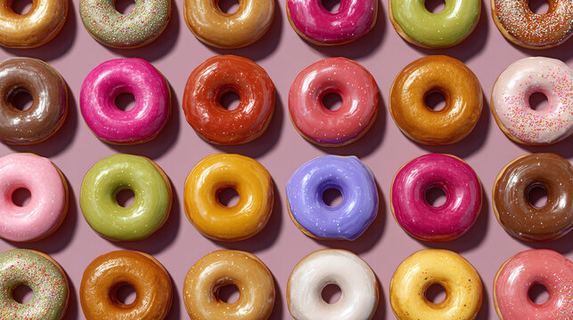 A Colorful Assortment of Donuts. A close-up shot of an array of donuts, each with a unique glaze and topping, creating a visual feast.