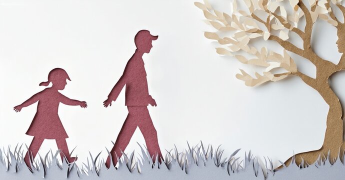 Paper cutouts depict father, daughter walking near tree. Simple style evokes family, nature, growth, connection. Peaceful scene.