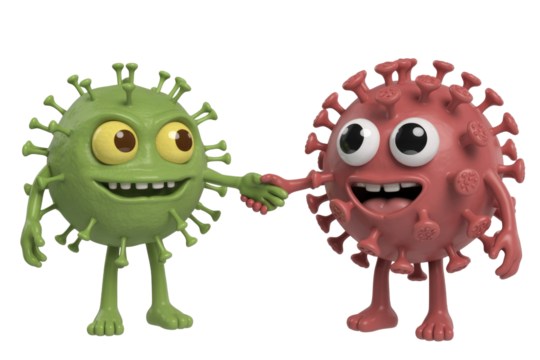 Two friendly, cartoon 3D virus characters, one green and one red, shaking hands and smiling. A playful representation of viral interaction. background removed