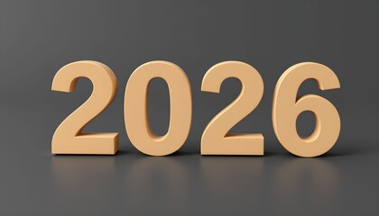 3D rendering of the year 2026 in gold-colored numbers against a dark gray background, symbolizing the future year.