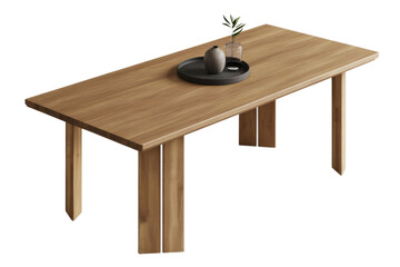 Elegant wooden dining table, natural finish, featuring a minimalist black tray with a decorative vase and green plant accent. background removed