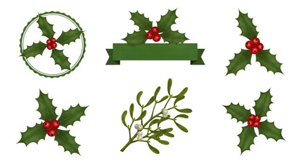 Christmas holly and mistletoe collection for holiday-themed designs