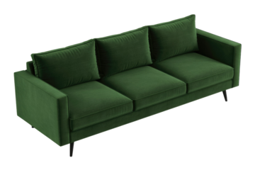 A luxurious emerald green velvet three-seater sofa with sleek tapered legs, offering modern comfort and elegant style. background removed