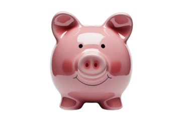 A cheerful pink ceramic piggy bank with a smiling face, ideal for saving money, investment, and future financial planning. background removed