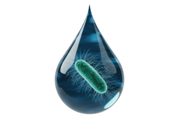 A single water droplet encapsulates a microscopic green bacterium, illustrating concepts of water contamination, microbiology, and purity concerns. background removed