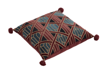 Luxurious square velvet cushion featuring an intricate Art Deco geometric pattern in rich red, blue, and gold with decorative corner tassels. background removed