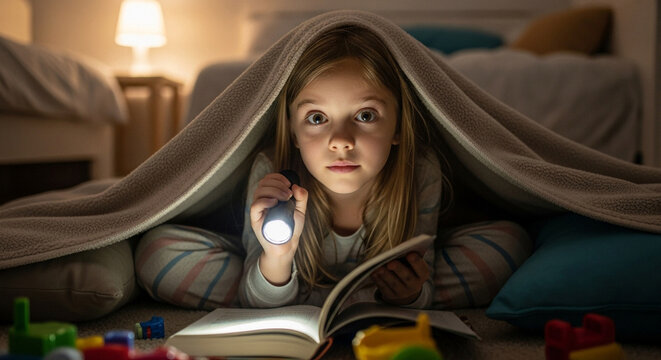 Girl reading under blanket with flashlight at night in cozy bedroom, childhood curiosity and imagination