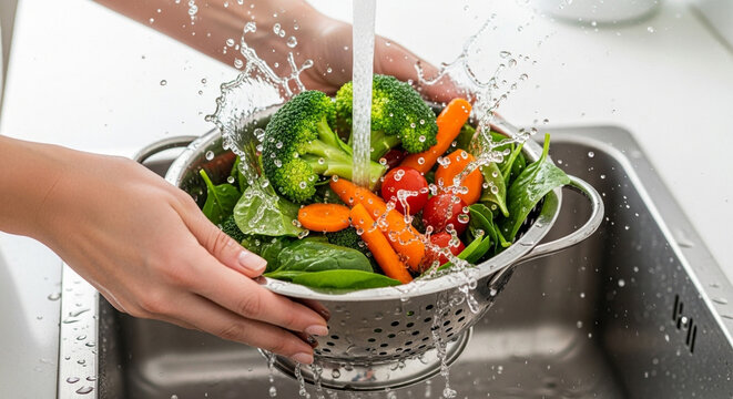 Woman washing vegetables in colander under running water, kitchen hygiene and food preparation