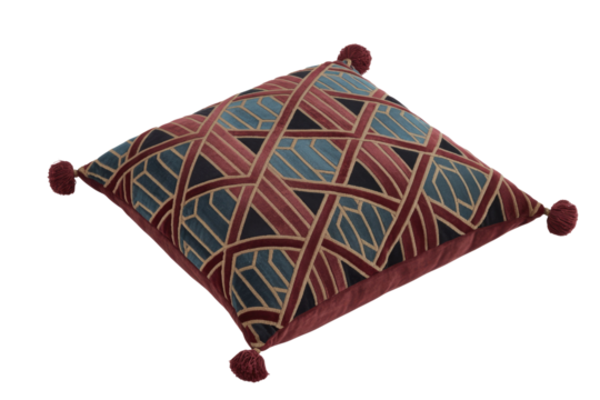 Luxurious square velvet cushion featuring an intricate Art Deco geometric pattern in rich red, blue, and gold with decorative corner tassels. background removed