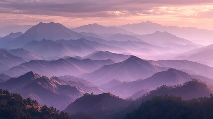 Obraz premium Lavender-tinted rolling hills with surreal mist and soft light horizon glow