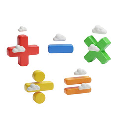 Cute 3d math symbols with fluffy clouds for educational content and design transparent background