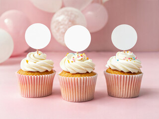 Cupcake Topper Mockup with Pink Frosting and Balloons Background