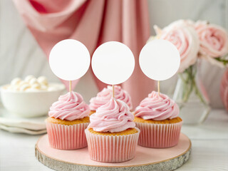 Cupcake Topper Mockup with Pink Buttercream and Floral Background