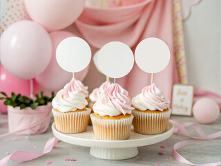 Cupcake Topper Mockup with Pink and White Frosting on Cake Stand