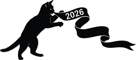 A black cat holding a 2026 banner , symbolizing upcoming year with a touch of feline charm and anticipation