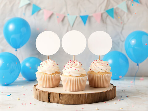 Cupcake Topper Mockup with Blue Balloons and Wooden Stand