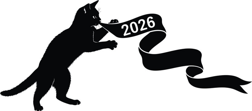 A black cat holding a 2026 banner , symbolizing upcoming year with a touch of feline charm and anticipation