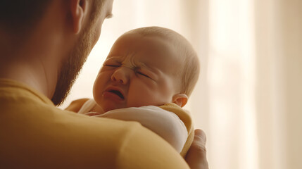 A tender moment captured as a dad cradles his crying infant, offering comfort and warmth. The little one's distress is met with a father's unwavering support. #Fatherhood #BabyLove
