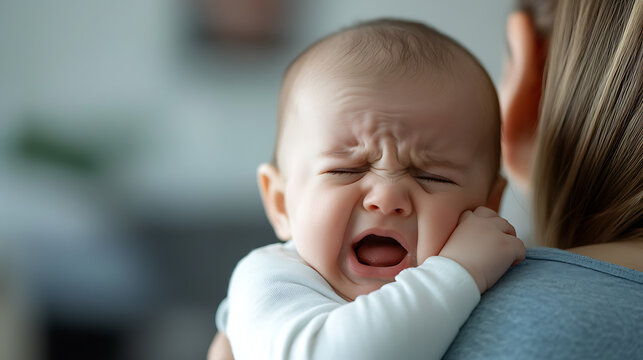 A baby cries, face contorted in distress, held by a caregiver. Close-up on infant's face showing eyes tightly shut and mouth open wide in a wail against neutral tones.