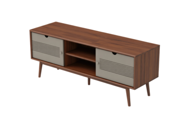 Modern wood media console with sliding gray doors, open shelves, and tapered legs, offering stylish storage for living rooms. background removed