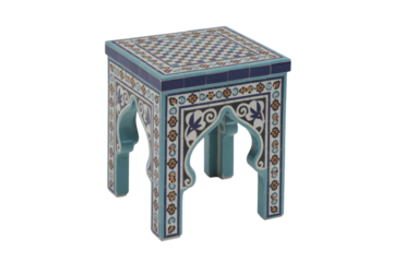 Exquisite Moroccan mosaic side table with intricate blue and white floral patterns, arched legs, and a geometric tiled top. background removed