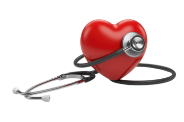 A 3D render of a glossy red heart with a medical stethoscope wrapped around it, symbolizing heart health and care. background removed