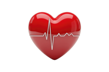 A glossy red 3D heart icon with a white ECG heartbeat line, symbolizing health, medical care, and vitality. background removed