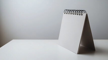 Blank tent card with black wire binding standing on a white surface against a gray background. Ideal for presentations, announcements, or marketing materials.