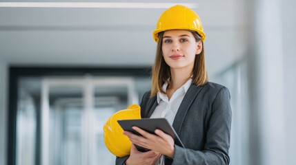 Female architect in a yellow hard hat holding a tablet and a helmet