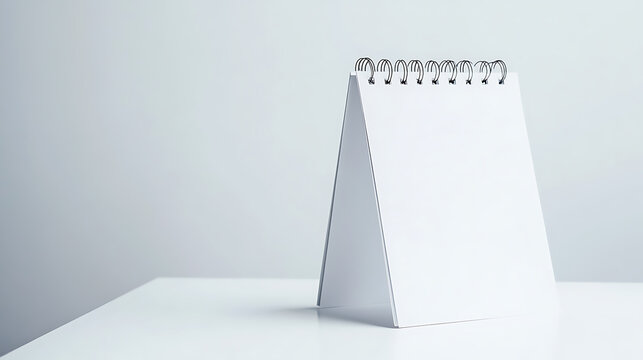 Crisp white desk calendar mockup with a wire binding. Ideal for showcasing designs, reminders, or dates in a minimalist style. Clean aesthetic for business or personal use.