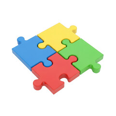 Obraz premium Four colorful jigsaw puzzle pieces connected forming a square abstract shape transparent background