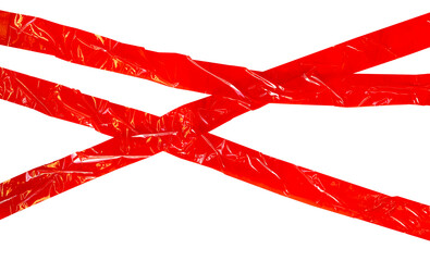 Blank three wrinkled red tape in a cross, meaning warning barrier, caution tape, hazard, crime scene, danger, police line, design for decoration on transparent background	
