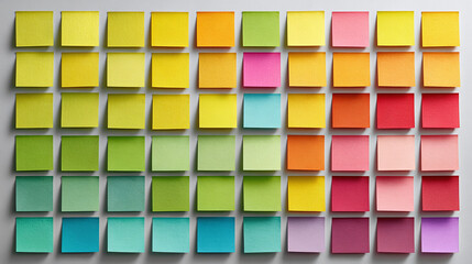 A grid of colorful sticky notes arranged neatly, showcasing a vibrant spectrum of hues