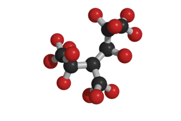 3D ball-and-stick model of a complex organic molecule with a central carbon and multiple oxygen-rich branches, resembling citric acid. background removed