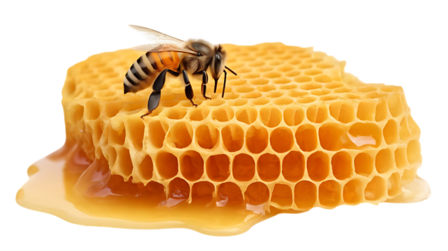 Honeycomb structure, with a bee and dripping honey, cutout, PNG isolated on white or transparent background insect apiary