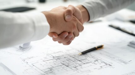 Architects shaking hands over blueprints, sealing a business deal