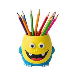 Fun cartoon monster pencil holder filled with colorful pencils isolated transparent background