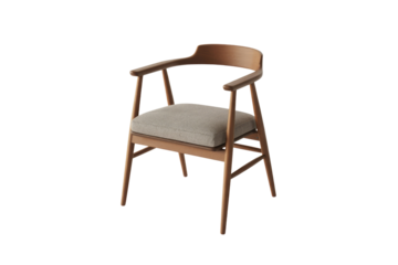 A modern wooden armchair with a light grey upholstered seat, featuring curved armrests and a minimalist design. background removed