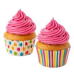 Two delicious vanilla cupcakes with pink frosting in colorful paper liners transparent background