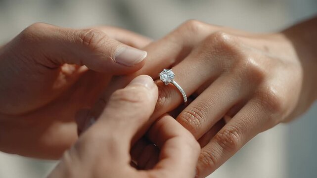 Close-up of a man's hand holding a ring on a woman's finger during a wedding ceremony.