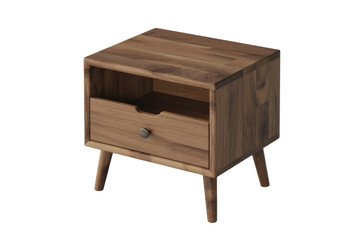 A stylish wooden nightstand with an open shelf, single drawer, and tapered legs. Perfect modern side table for bedroom or living room. background removed