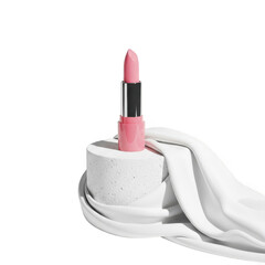 Luxurious pink lipstick elegantly placed on a white fabric display transparent background