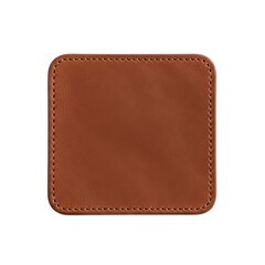 Brown leather square coaster with stitched edges for home bar and table protection transparent background