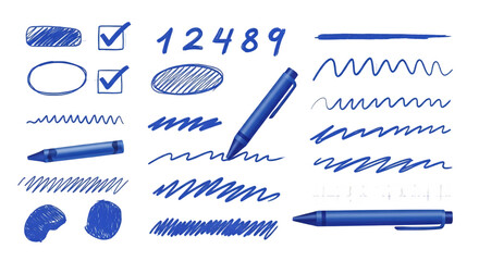 Blue Pen Strokes and Marks Hand-Drawn Vector Elements for Design