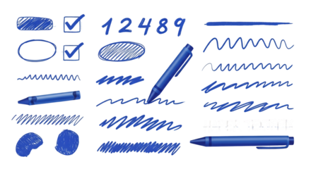 Blue Pen Strokes and Marks Hand-Drawn Vector Elements for Design