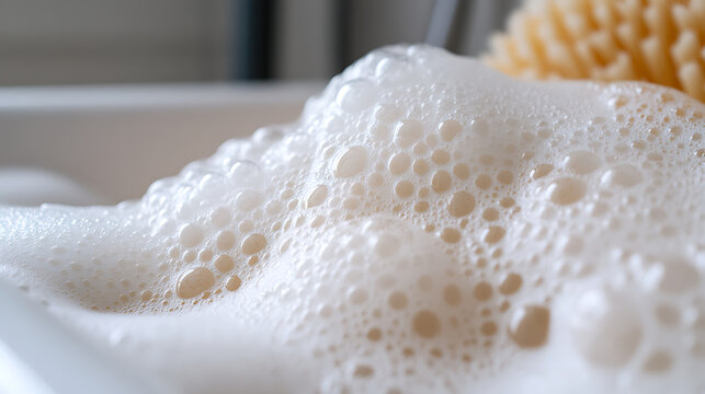 A close-up shot shows a cluster of soap bubbles, highlighting their delicate texture and light-reflecting properties, with a bathing sponge in the background. The bubbles evoke cleanliness.
