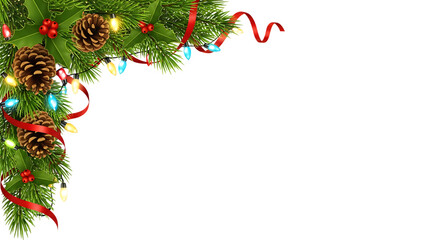 Festive Holiday Corner Decoration with Pine Cones, Holly, and Ribbon on White Background