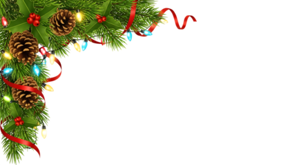 Festive Holiday Corner Decoration with Pine Cones, Holly, and Ribbon on White Background