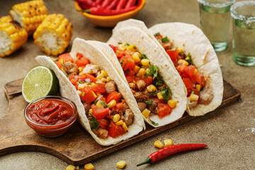 Close up view of mexican tacos with chicken, tomatoes and corn served on wooden board with salsa sauce, lime, grilled corn and glasses of tequila. Party snack