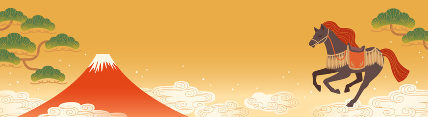 富士山と干支の背景　午年のお正月素材